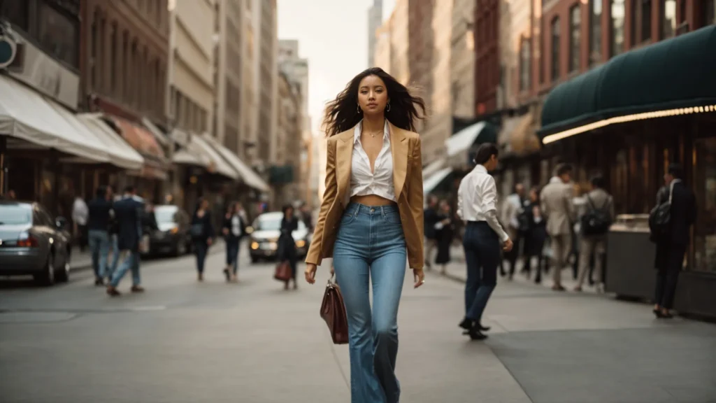 a confident woman strides down a bustling city street in high-waisted wide-leg jeans, paired with a fitted blazer.