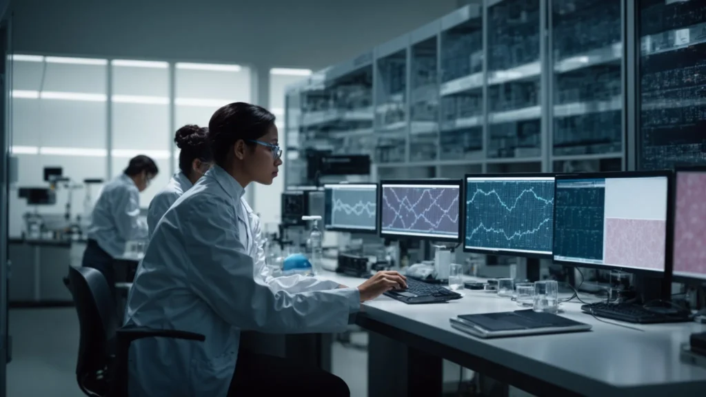 two scientists in a laboratory are examining the molecular structures of tesamorelin and ipamorelin displayed on computer screens.