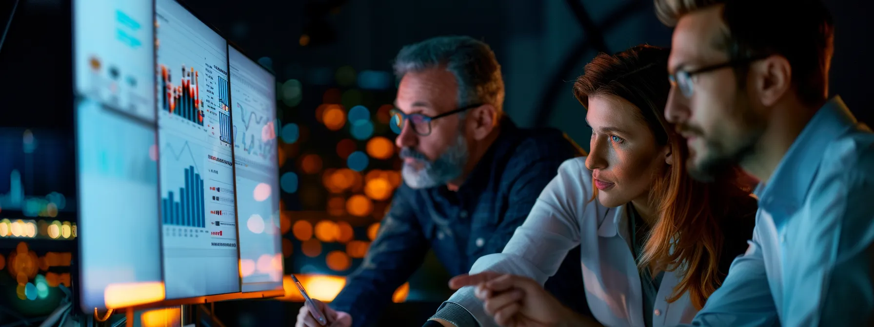 a group of professionals gathered around a computer screen, using ai search platforms to quickly access and analyze data for streamlined business operations.