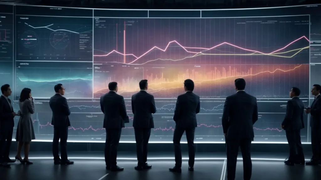 a group of business professionals gathered around a large screen displaying futuristic graphs and analytics charts.